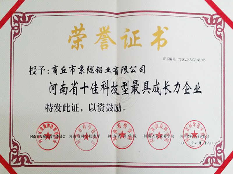 河南省十佳科技型最具成長(cháng)力企業(yè)榮譽(yù)證書(shū)